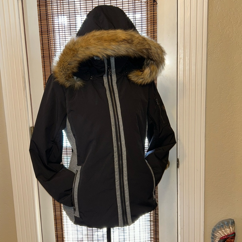 Fera Danielle Ski Parka w/Detachable Real Fur Trimmed Hood Black/Gray Sz 14 EUC